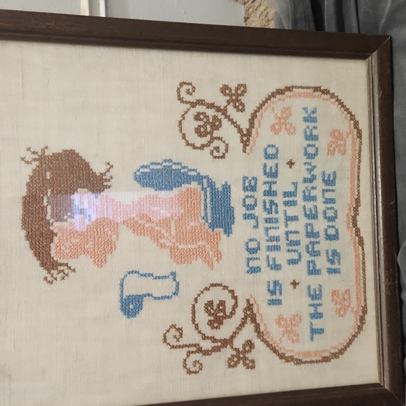 Cross Stitch Finished Wall Hanging Bathroom Humor Wood Frame 11.5" x 13" - Picture 2 of 3